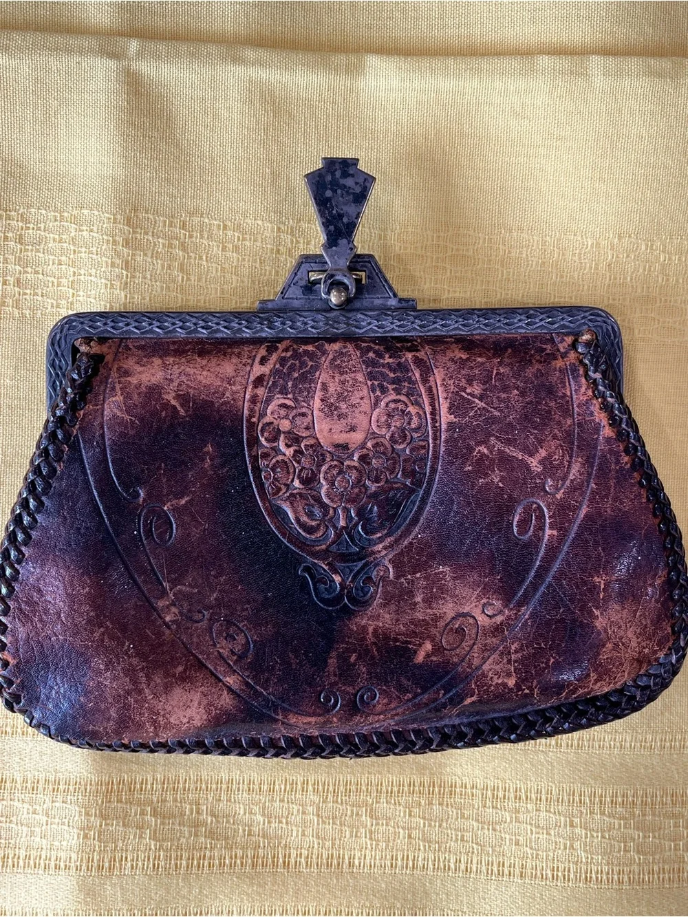 Rare! 1920’s Art Nouveau Hand Tooled Leather Purse/Clasp Bag